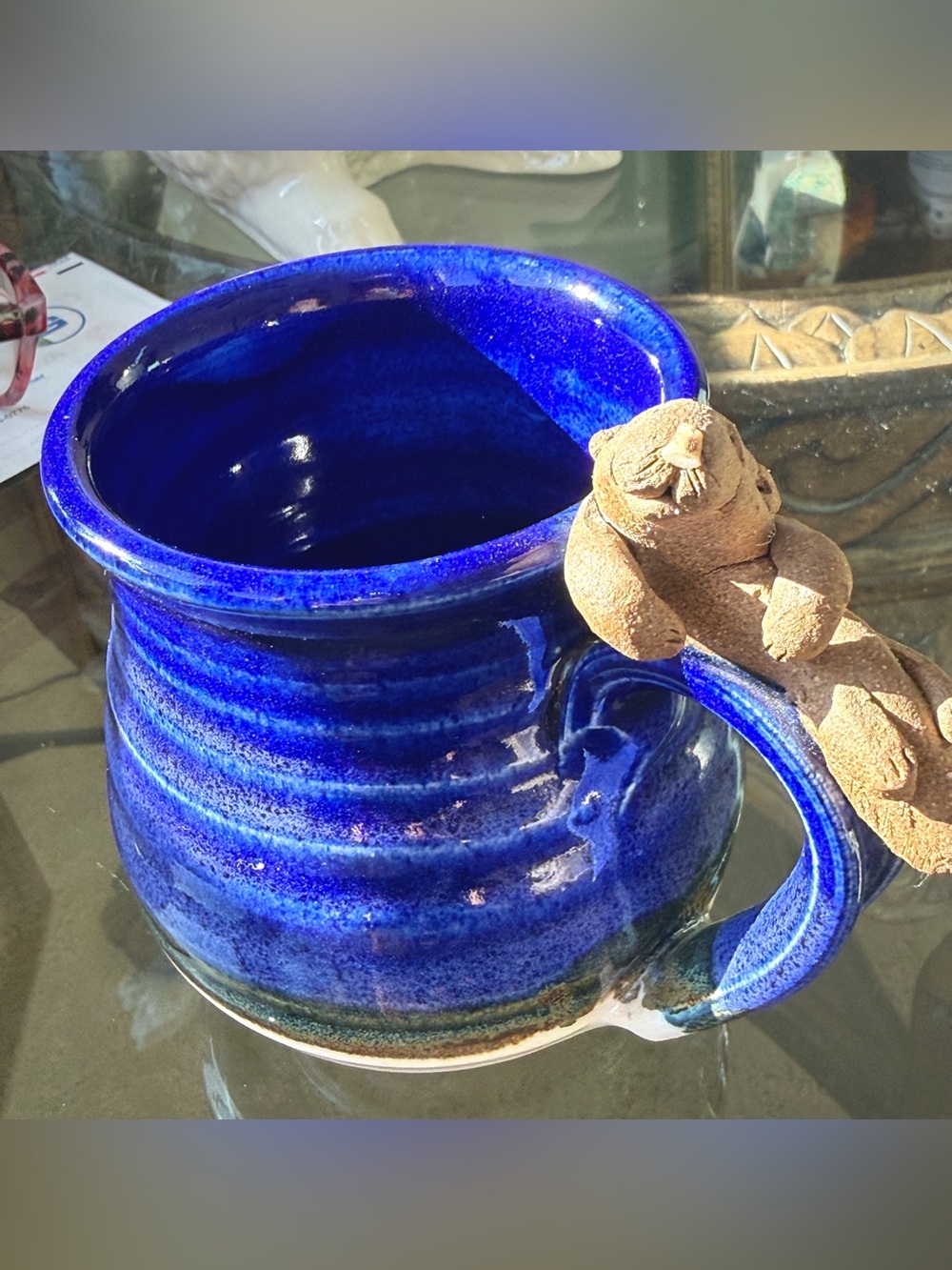 Handmade Studio Pottery Cobalt Blue Sea Otter Mug Signed Artisan